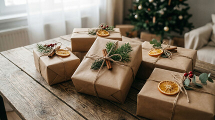Rustic Christmas gifts wrapped in brown paper with natural decorations on a wooden table