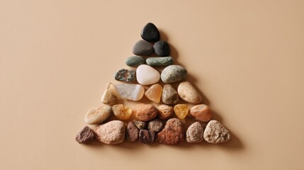Natural pebbles arranged in a triangle create a minimalist zen symbol for wellness and spa calm.
