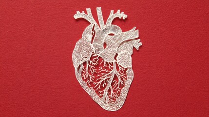 A paper cut anatomical heart in red and white symbolizes cardiovascular health and medical science.
