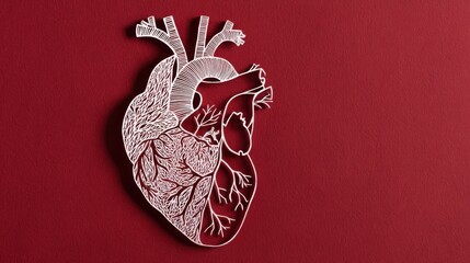 A paper cut anatomical heart in red and white symbolizes cardiovascular health and medical science.
