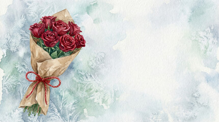 A bouquet of six deep red roses wrapped in brown paper tied with a red ribbon against a light blue watercolor background
