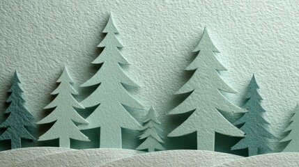 Minimalist paper cut Christmas trees in mint green tones form a calm winter forest scene with modern festive elegance.
