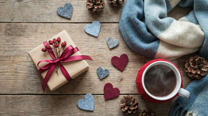 Cozy wooden table with gift wrapped in brown paper adorned with red ribbon and berries, a cup of coffee, pinecones, and heart-shaped decorations