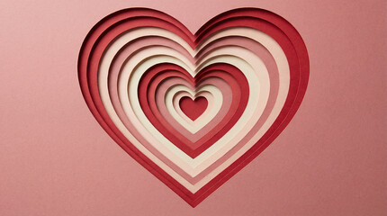Intricate layered heart design with gradient colors on a pink background