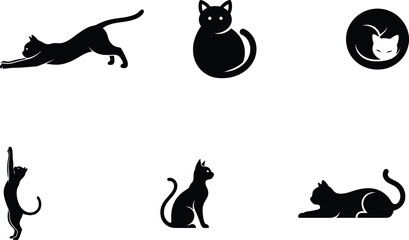 black silhouette cat icons in different poses on white background © Saidurra12