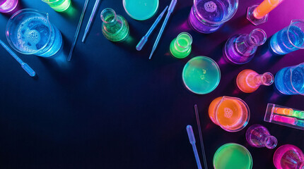 Vibrant laboratory setup with colorful liquids in various glass containers and tools under neon lighting