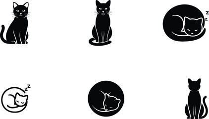 set of black and white cat silhouettes in different sleeping and sitting poses © Saidurra12