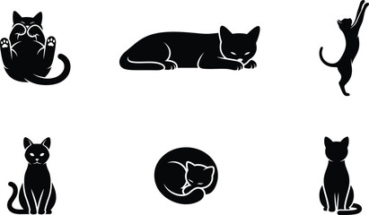 Set of black cat silhouettes in different poses and positions © Saidurra12