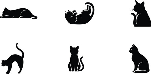 set of black cat silhouettes on white background © Saidurra12