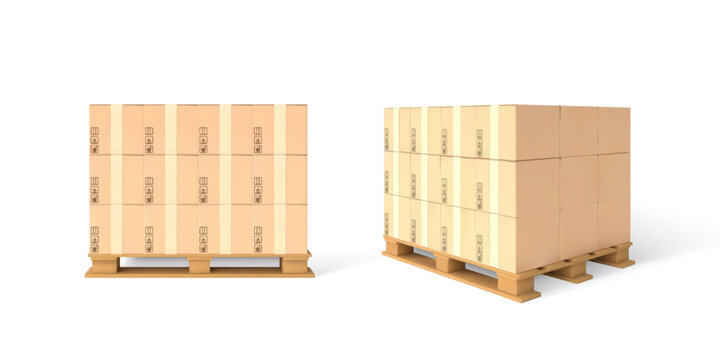 Two stacks of brown cardboard boxes on wooden pallets, viewed from different sides.