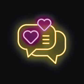 Neon love message icon glowing on dark background representing online dating and romance