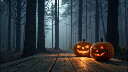 Halloween pumpkins glow in a dark forest during the night with a misty background and tall trees surrounding a wooden table