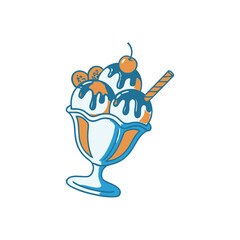 Ice Cream Sundae in Glass with Blue Drizzle and Cherry.