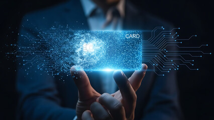Businessman interacting with futuristic digital credit card technology