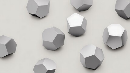 Abstract background featuring scattered silver dodecahedron geometric shapes against a minimalist light gray surface texture