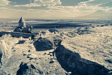 View of Khor Virap Monastery, Ararat Plain and Mount Ararat in the background. Ararat Province, Armenia