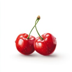 Fresh Red Cherries with Water Droplets Highlighting Juiciness and Natural Beauty on White Background
