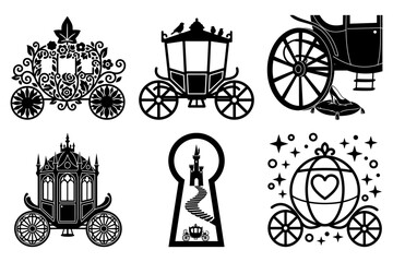Cinderella carriage silhouette in floral garden with botanical vector arch vector illustration
