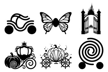 Cinderella carriage with continuous spiral seashell pumpkin and castle gate silhouette vector illustration