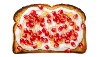 Toast with Greek yogurt, pomegranate seeds, and honey drizzle isolated on transparent background