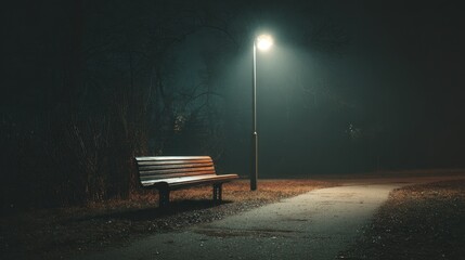 Obraz premium Quiet park bench under streetlight at night near a pathway in a wooded area with shadows and fog