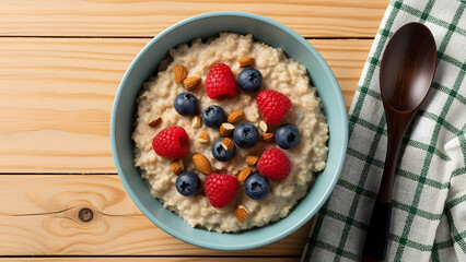 A bowl of creamy oatmeal topped with fresh raspberries, blueberries, and chopped almonds on a wooden table.