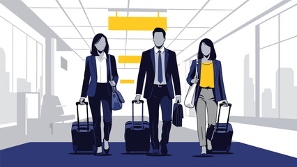 Modern vector illustration of corporate team traveling together with luggage, business collaboration, company trip, and teamwork travel concept