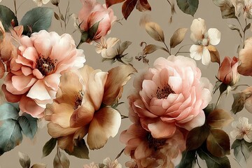 Seamless pattern of an elegant floral design in brown, pink, and gold tones, with flowers and leaves scattered across the background