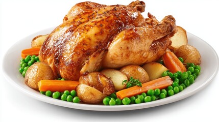 Roasted chicken with vegetables served on a white plate during a family meal