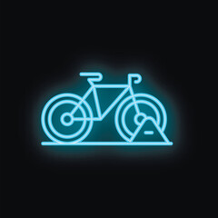 Fototapeta premium Blue neon sign depicting a bicycle secured to a stand, exuding a vibrant and modern aesthetic
