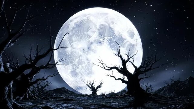A serene yet eerie nighttime scene featuring a large, bright moon casting an ethereal glow on a desolate landscape with twisted, bare trees