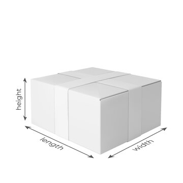 3D cardboard box with height, length, width dimensions vector mockup, realistic white carton parcel, delivery cargo size