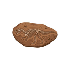 Dinosaur fossil skeleton embedded in rock.