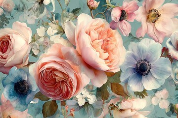 Delicate, elegant, vintage watercolor painting of a seamless floral pattern, with soft pink and peach roses, light blue anemones