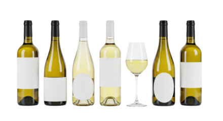 High-key studio photo of seven clear glass white wine bottles (bordeaux, burgundy shapes) in a row, isolated on a white glossy surface with reflection, featuring pristine blank matte labels for