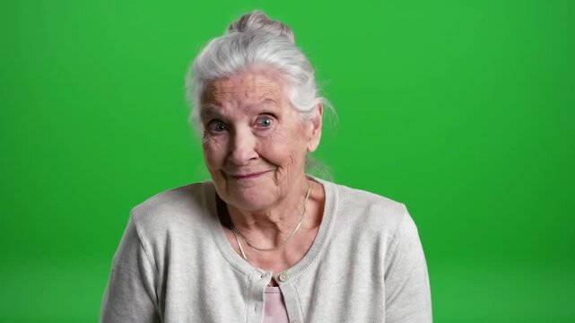 Senior woman smiling and looking up against a green screen background