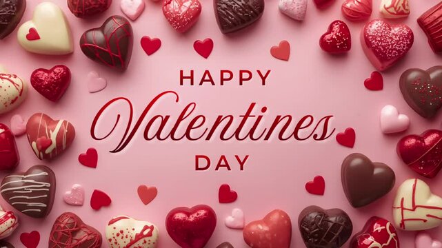 Valentine&rsquo;s Day background featuring hearts, valentines day greeting card, &ldquo;Happy Valentine&rsquo;s Day&rdquo; text, red roses, and chocolates video animation 