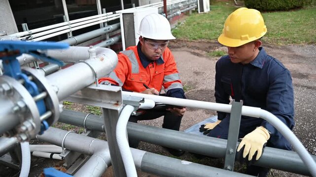 Technician and engineer examine industrial pipeline for operation control