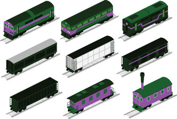Isometric train and railway wagon illustration set, modern freight and passenger rail transport vehicles collection for infographic, game, app design © W. Fernandez
