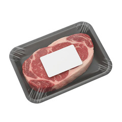 Raw ribeye steak in packaging tray isolated on transparent background