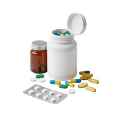Assorted medication containers and pills isolated on transparent background