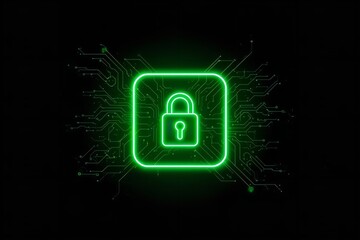 A green neon padlock icon on a black background with circuit board design
