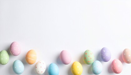 Pastel-colored Easter eggs with various designs scattered on a clean white background