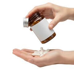 Person pouring pills into hand isolated on transparent background