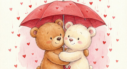 Cute watercolor illustration of two teddy bears hugging under a red umbrella with heart-shaped rain. Whimsical romantic design for Valentine's Day cards and nursery wall art.