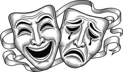 Comedy and tragedy theater masks illustration, classic drama symbols with ribbon banner, vintage engraving style, cad drawing flat vector illustration