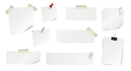 Arrangement of blank notes with clips and tape isolated on transparent background