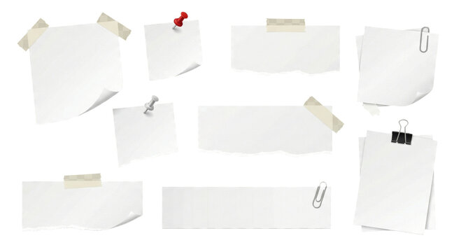 Arrangement of blank notes with clips and tape isolated on transparent background