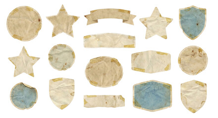 Collection of vintage badges and labels isolated on transparent background