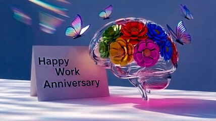 happy work anniversary card with mental health glass brain and vibrant flowers on white
